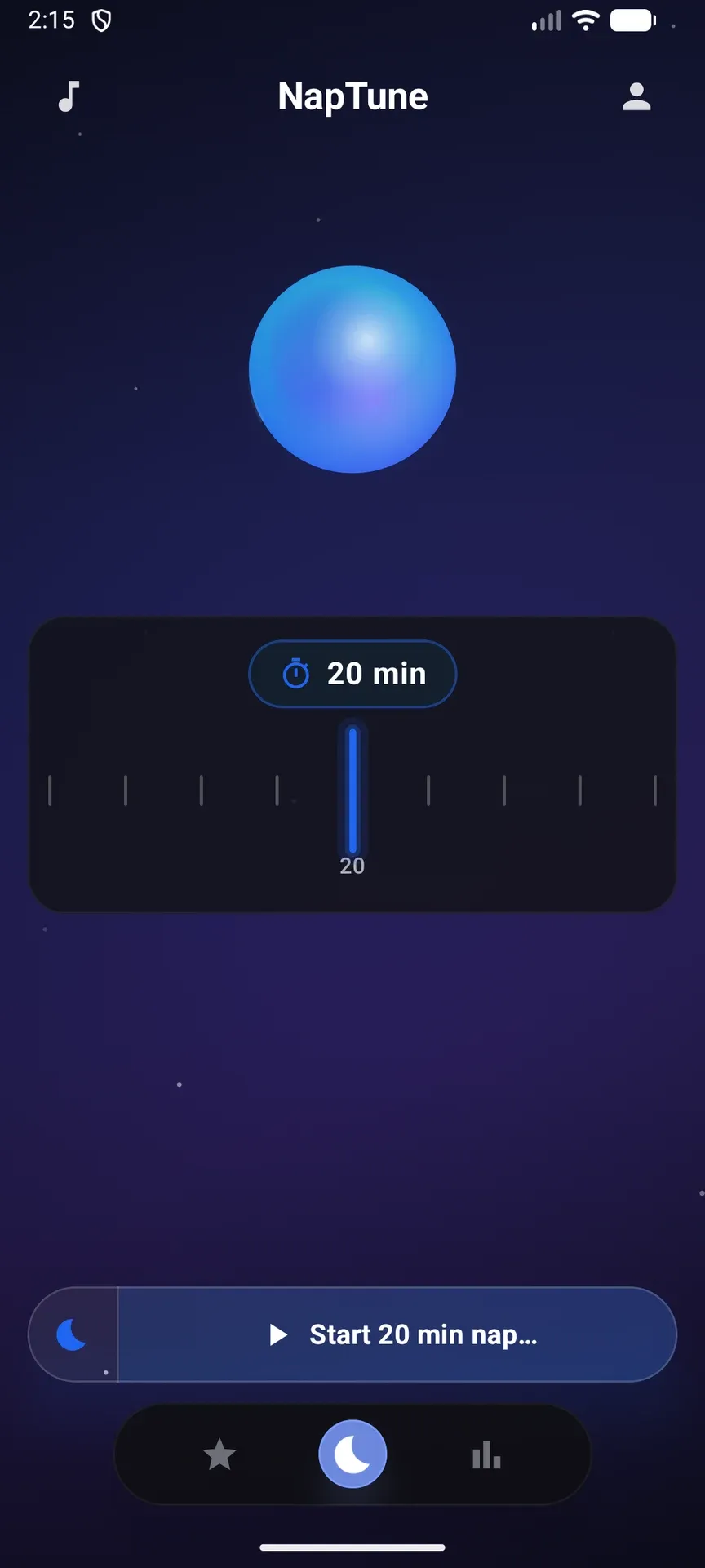 NapTune on Android in the blue theme, showing the nap timer set to 20 minutes.