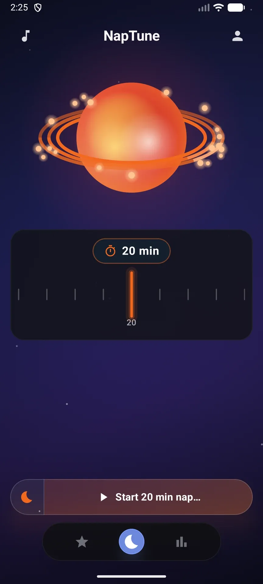 NapTune on Android in the orange theme, showing the ringed planet and nap timer.