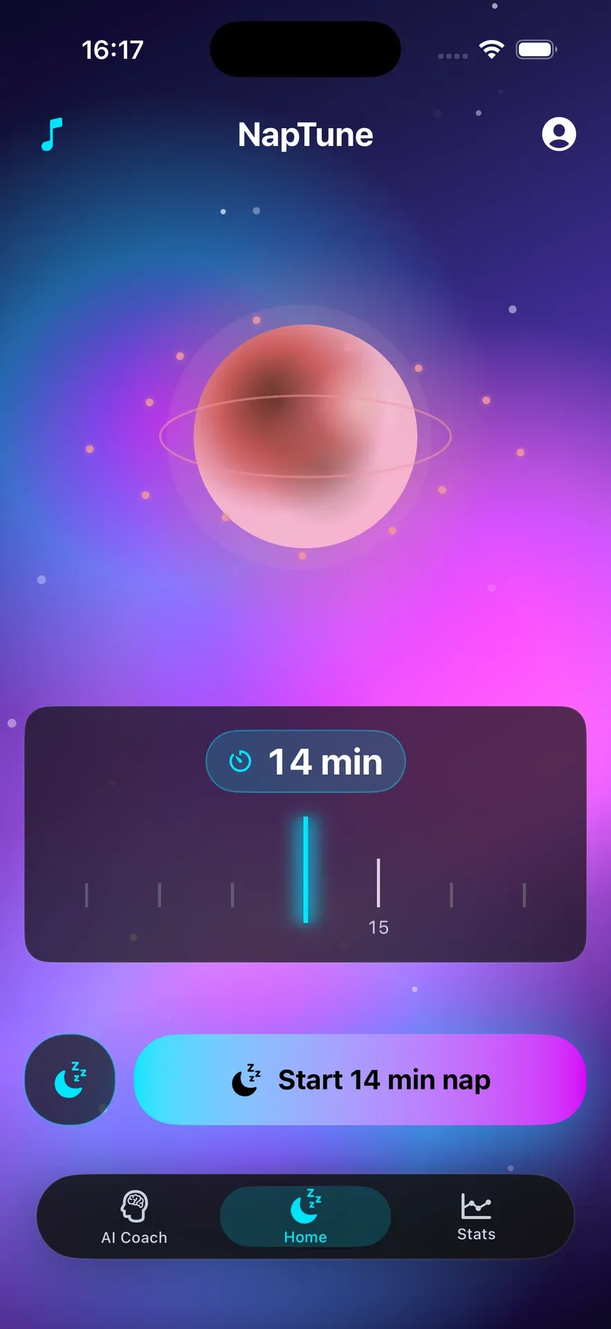 NapTune on iOS, showing the personalised planet above a 14 minute nap timer.