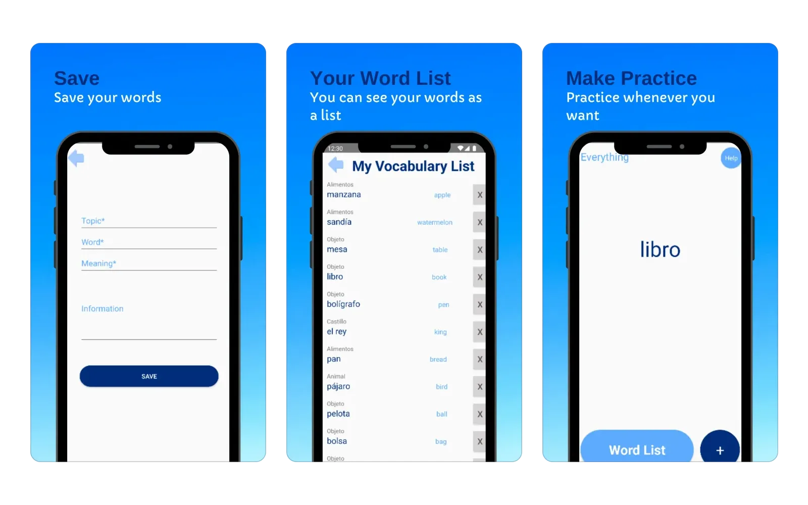 Three VocaBuilder screens: adding a word, the word list grouped by subject, and practice mode.
